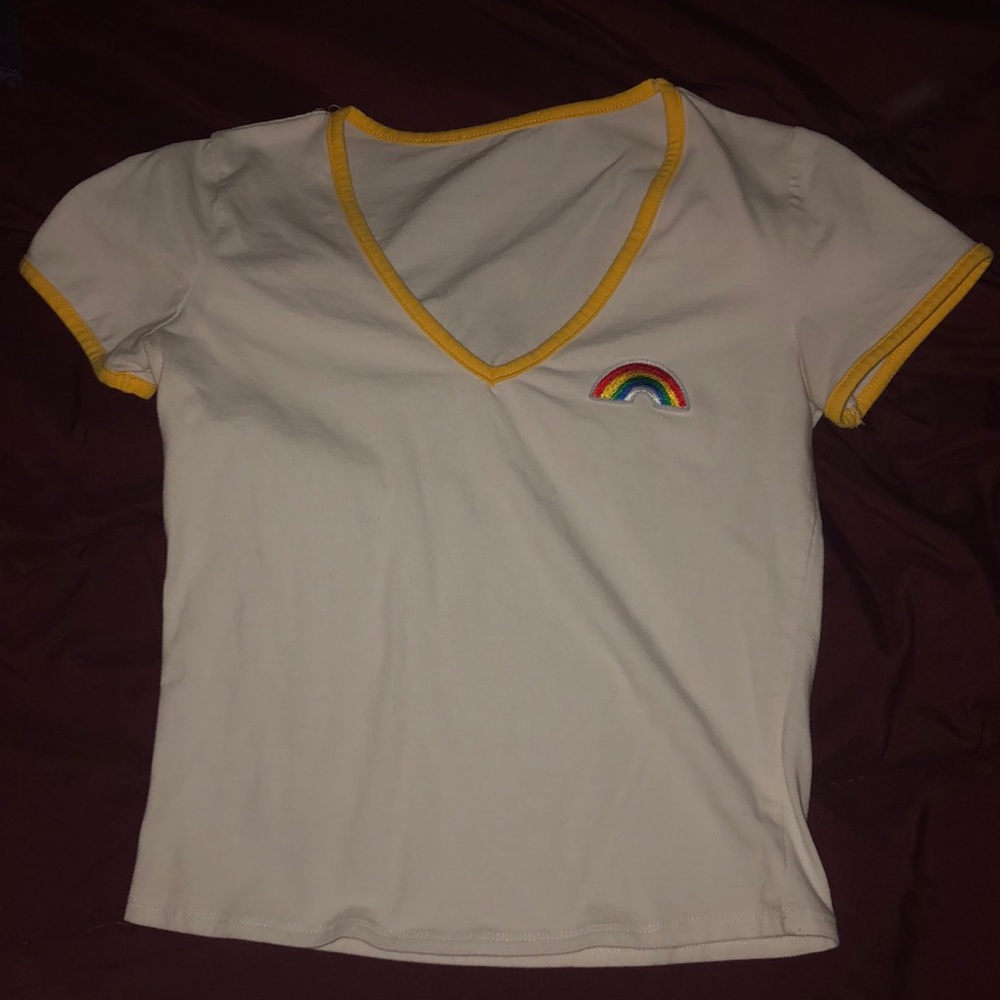White V-neck with rainbow embroidered patch🌈